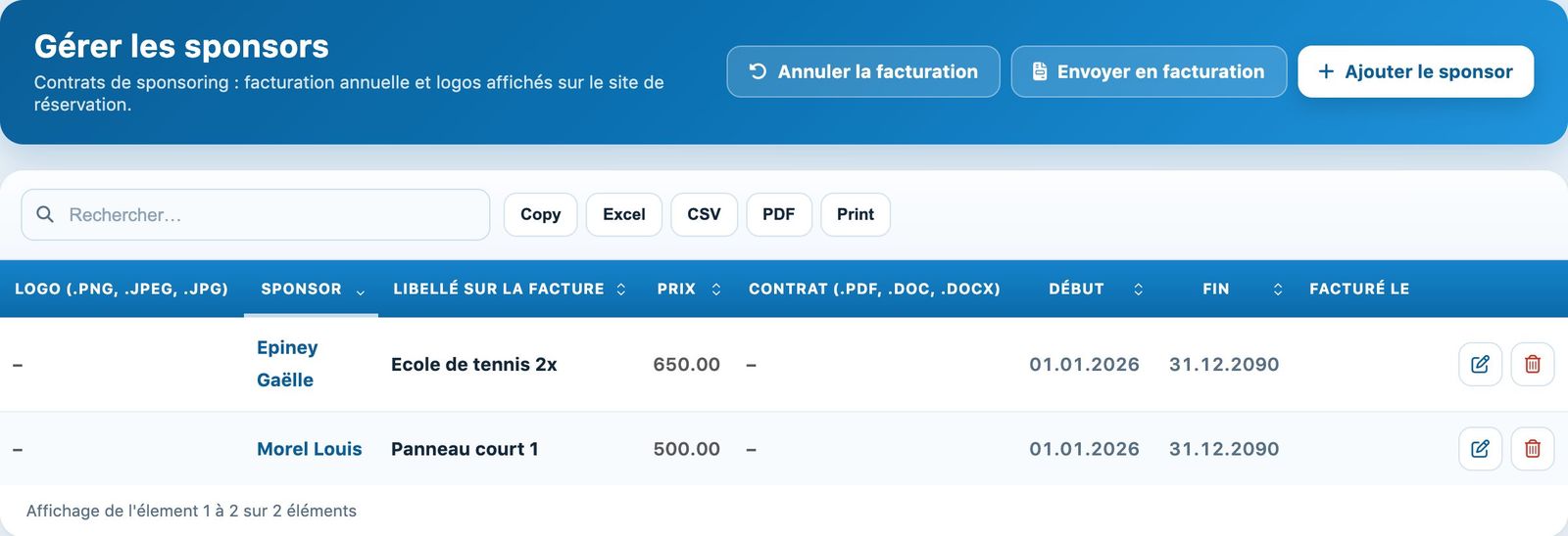 La liste des sponsors et les boutons de facturation
