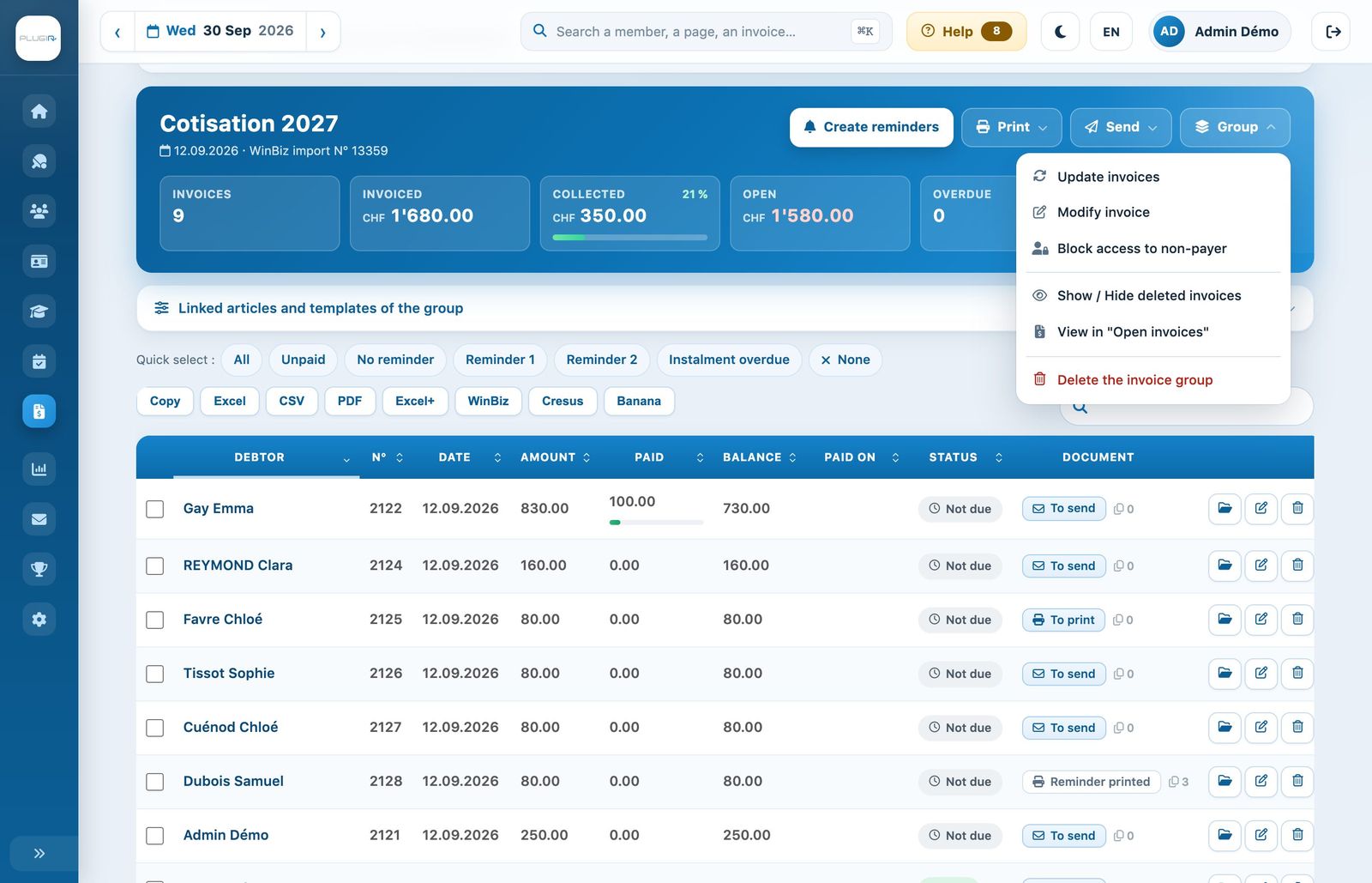 “Refresh invoices” in the “Group” menu