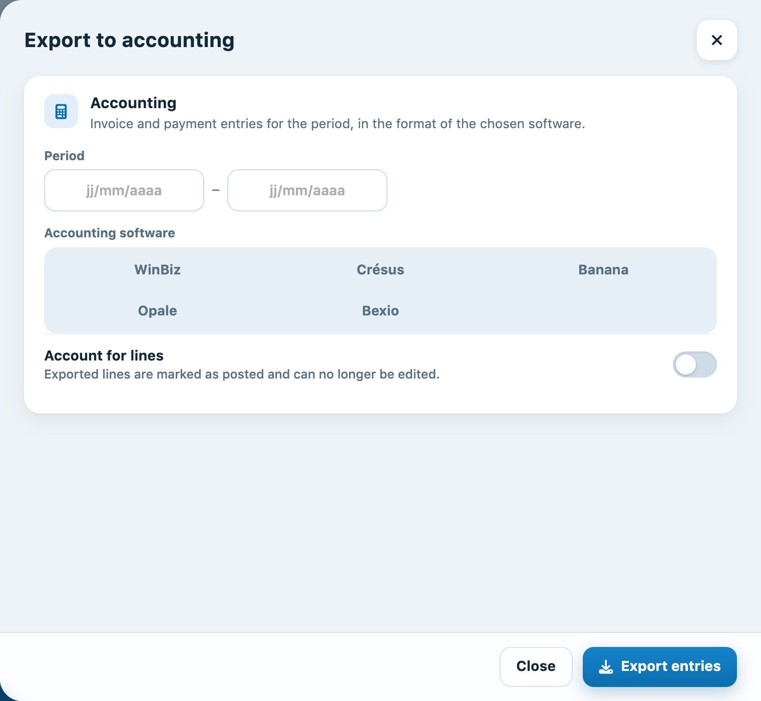 The “Export to accounting” panel